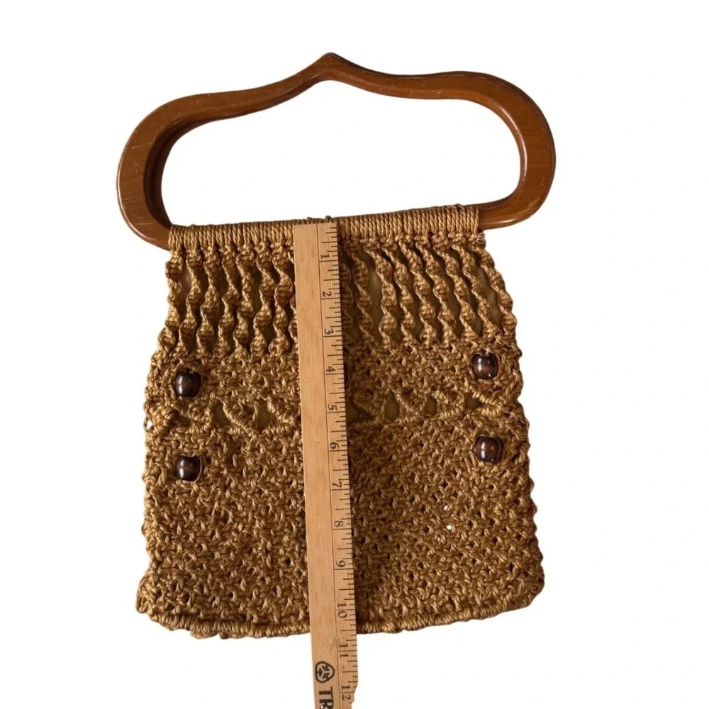 Vintage Boho Macrame Handbag Wood Handles Crochet Purse 70s Woven Bag
